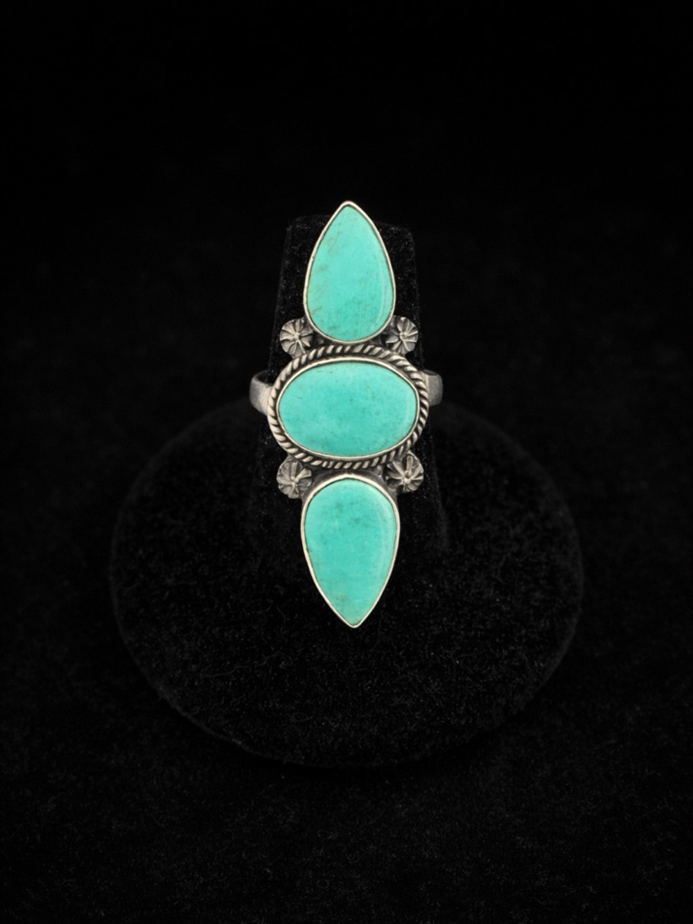 Lone Mountain Turquoise Ring Sterling Silver Adjustable Matte Finish 3 Stone
